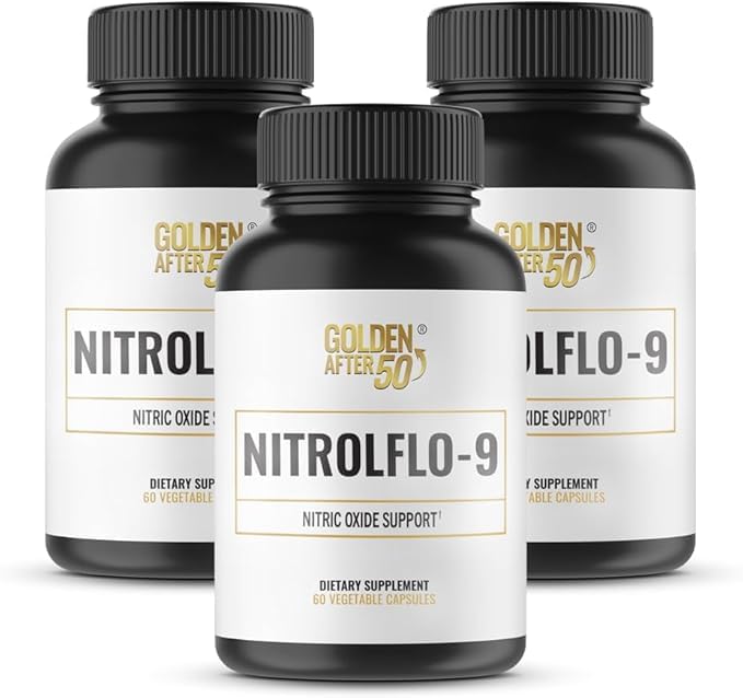 Golden After 50 NitrolFlo-9 bottle front view emphasizes energy support.