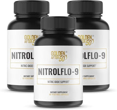 Golden After 50 NitrolFlo-9 bottle front view emphasizes energy support.