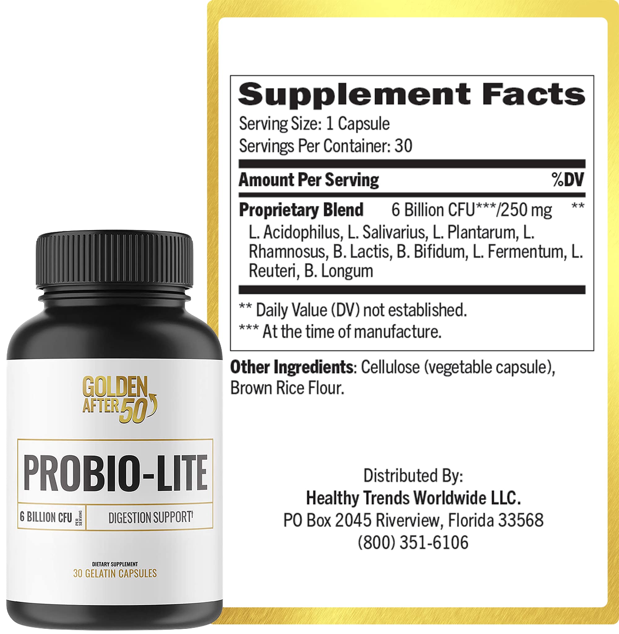 Golden After 50 Probio-Lite bottle label shows probiotic gut balance.