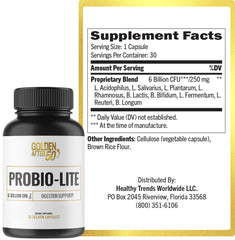 Golden After 50 Probio-Lite bottle label shows probiotic gut balance.