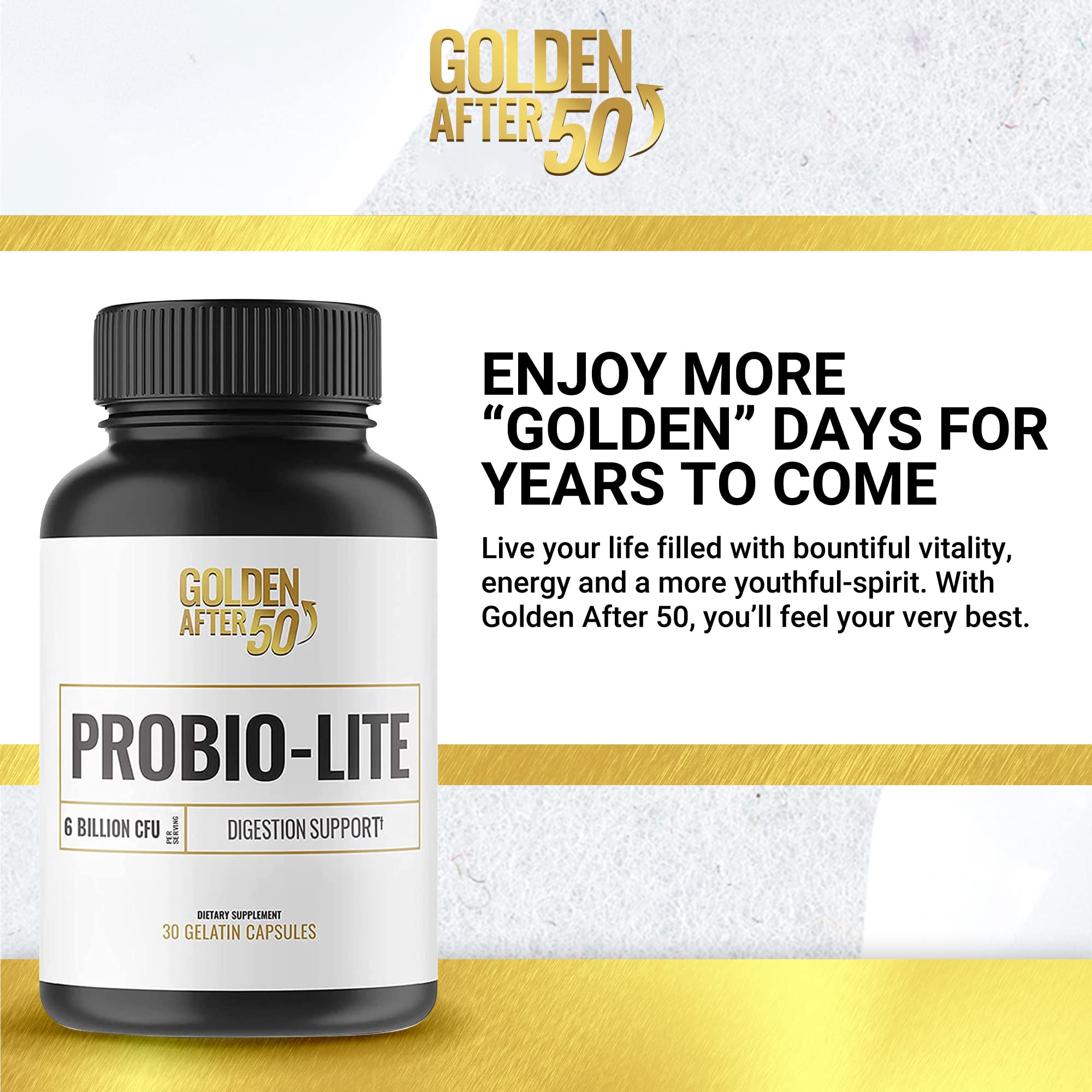 Closeup of Golden After 50 Probio-Lite capsules.