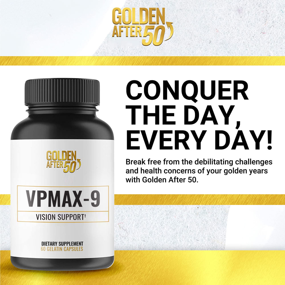Golden After 50 VPMax-9 capsules close-up highlights color and texture for product quality.
