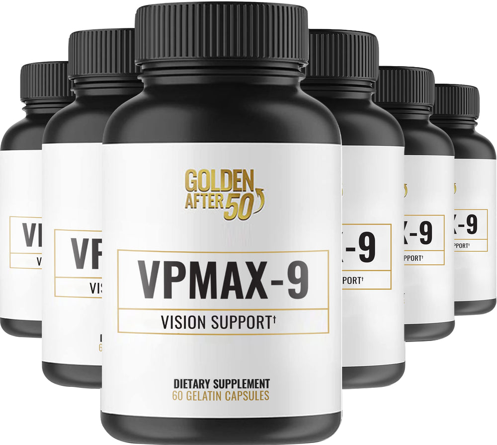 Golden After 50 VPMax-9 eye vitamin bottle on a clean surface promoting daily eye wellness.