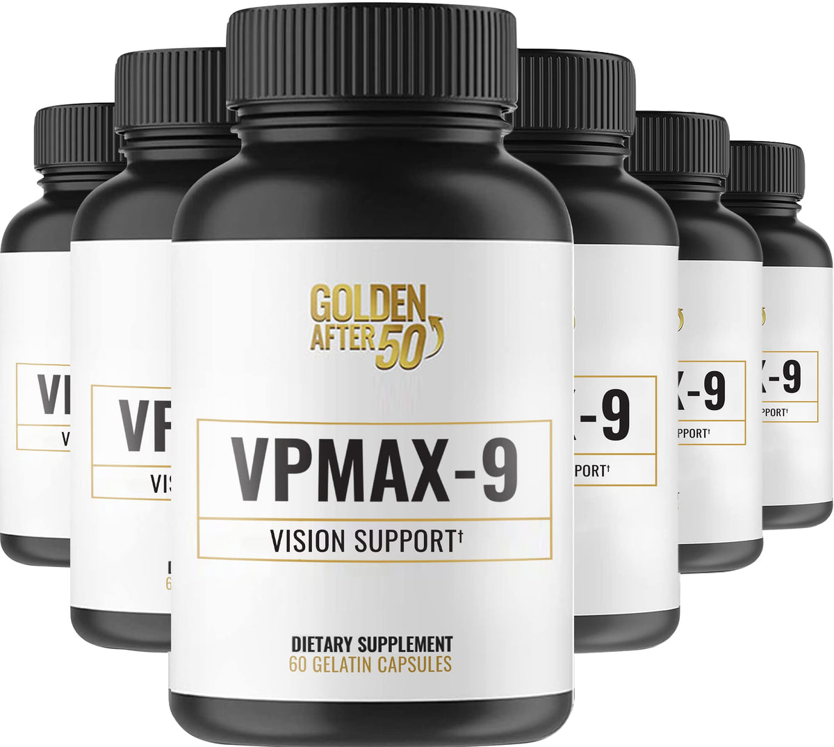 Golden After 50 VPMax-9 eye vitamin bottle on a clean surface promoting daily eye wellness.