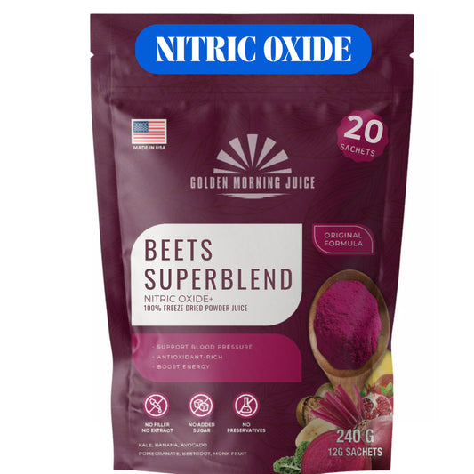 Golden Morning Juice beets blended powder bottle on counter for daily energy