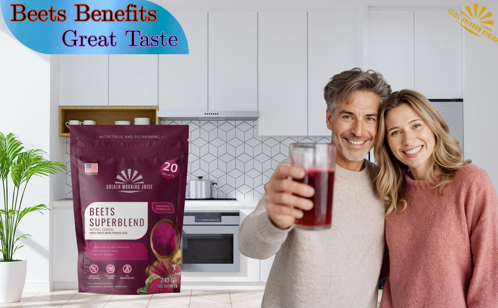 Golden Morning Juice label highlighting freeze-dried nutrients and no added sugar