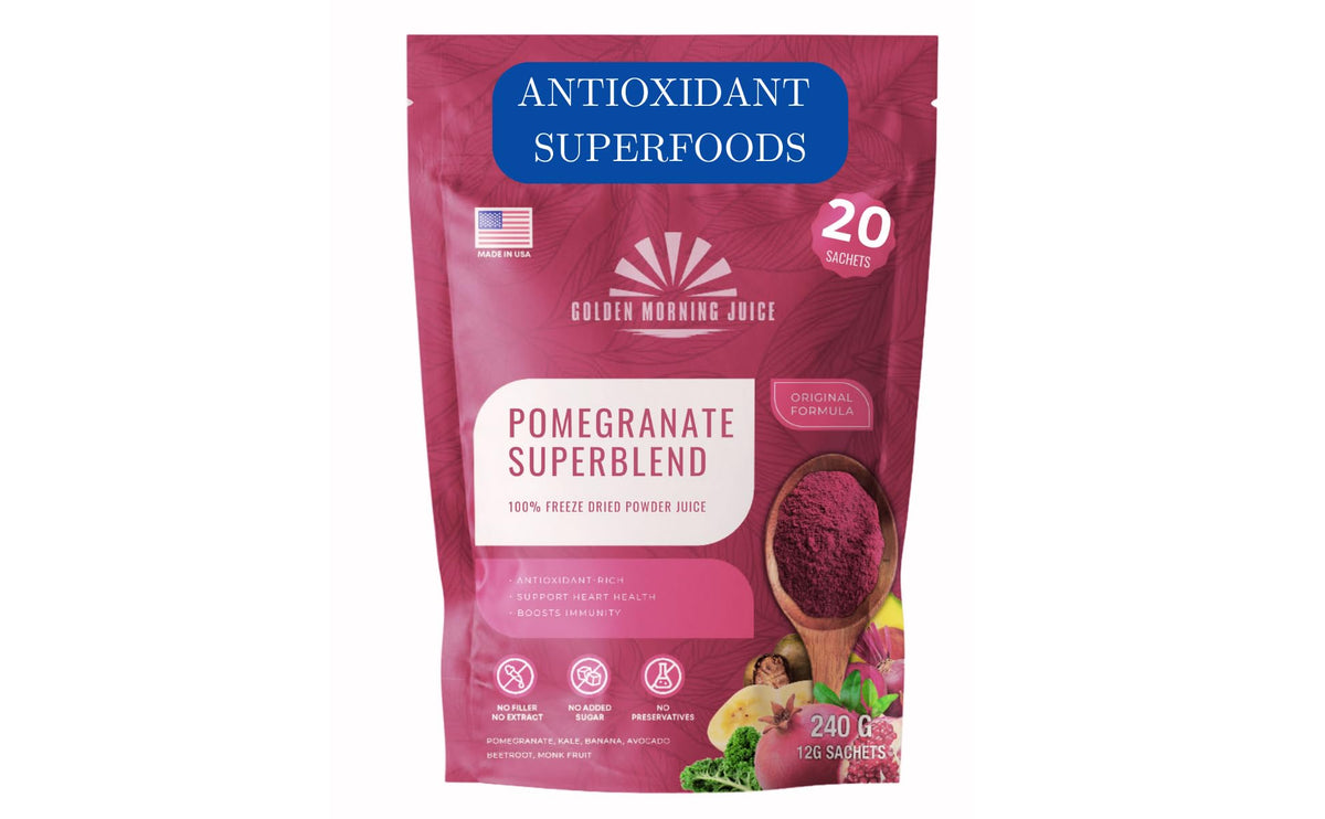 Golden Morning Juice Pomegranate Superblend packaging ready for quick daily use.