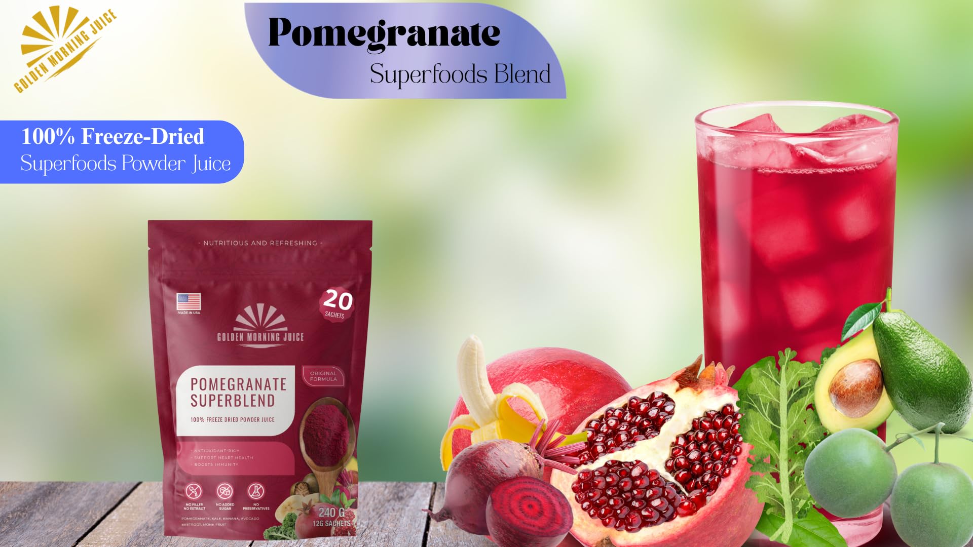 Golden Morning Juice Pomegranate Superblend sachets for on-the-go nutrition.