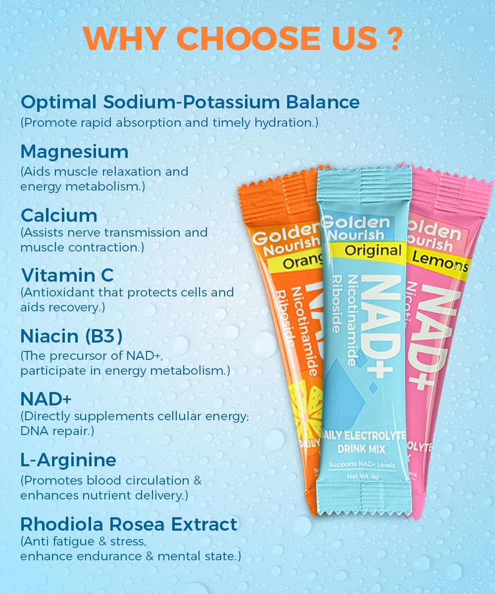 Golden Nourish Electrolytes label highlighting sugar-free formula and convenience