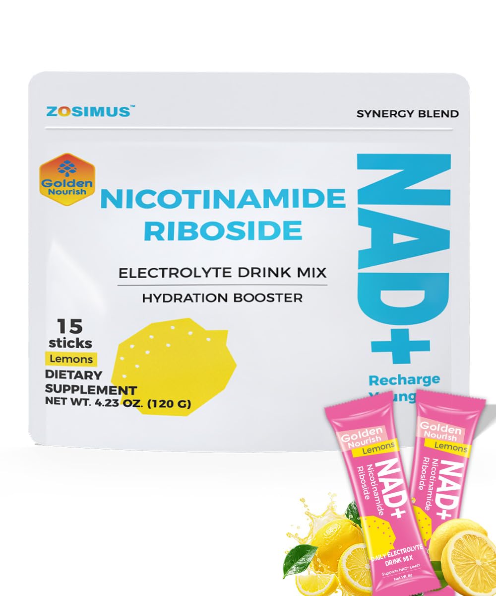 Golden Nourish NAD+ electrolyte lemon packets front packaging for quick hydration