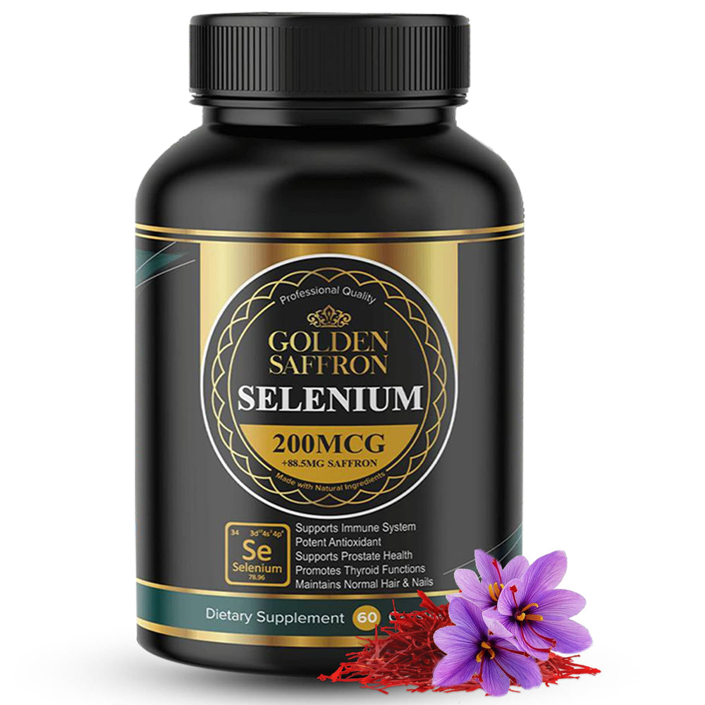Golden Saffron Selenium bottle front highlighting premium packaging for easy daily use.