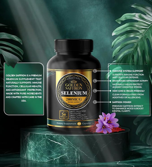Golden Saffron Selenium capsules close-up showing tasteless, easy-to-swallow design.
