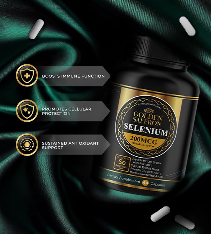 Gluten-free and non-GMO icons on Golden Saffron Selenium packaging.
