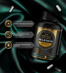 Gluten-free and non-GMO icons on Golden Saffron Selenium packaging.