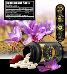 Detail of Golden Saffron Saffron Extract emphasizing saffron content and quality.