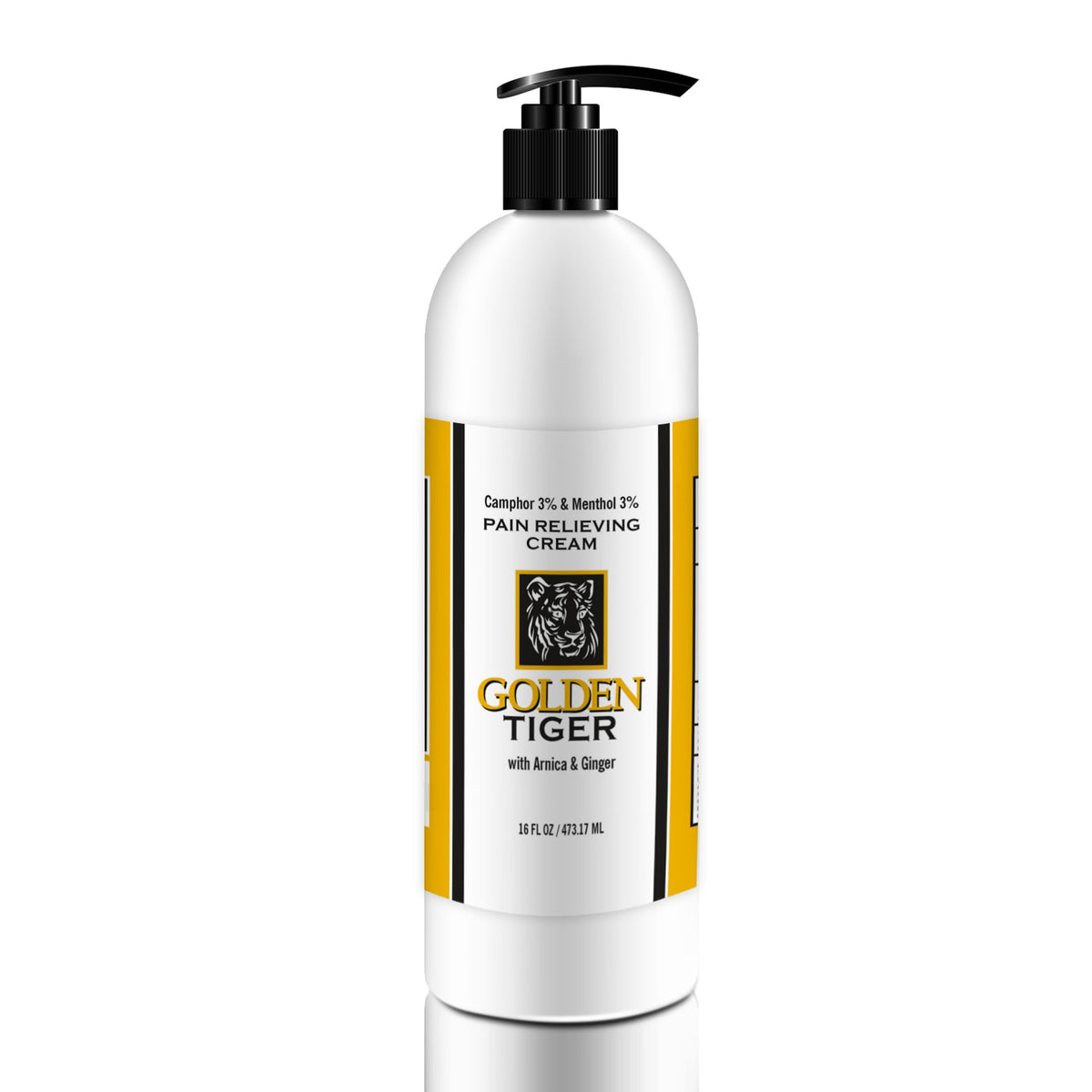Golden Tiger Pain Relief Cream bottle with pump for fast, natural relief.
