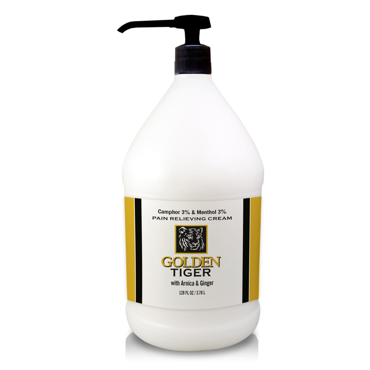 Golden Tiger Pain Relief Cream bottle shown for fast relief of sore muscles.