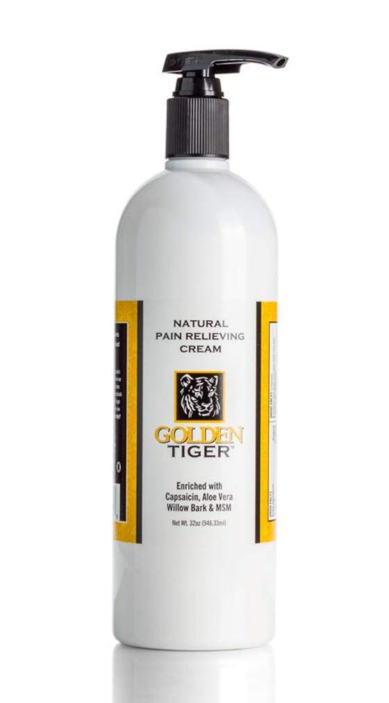 Golden Tiger Pain Relief Cream 32oz pump bottle ready for easy daily use.