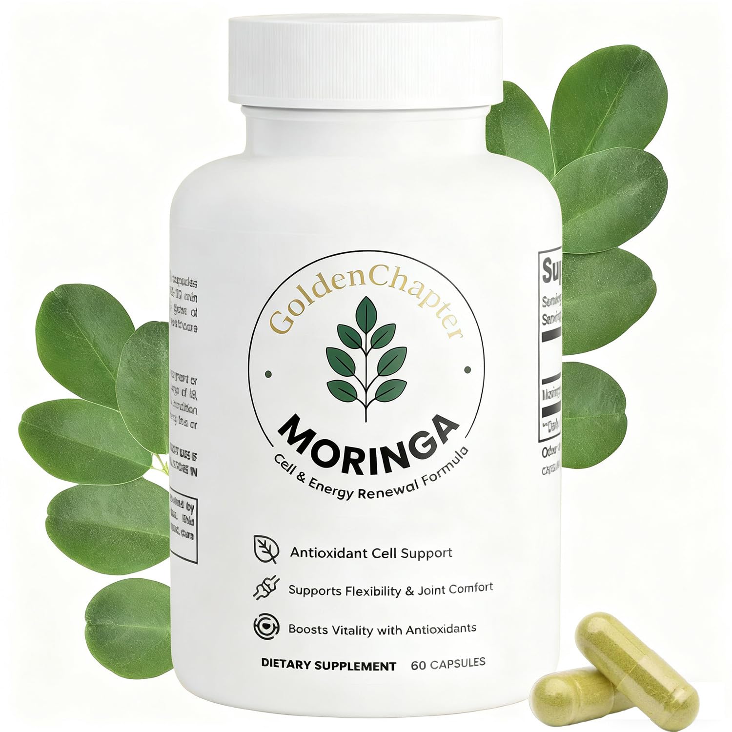 GoldenChapter Pure Moringa Capsules bottle for easy daily energy support.