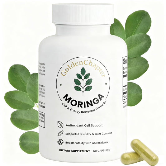 GoldenChapter Pure Moringa Capsules bottle for easy daily energy support.