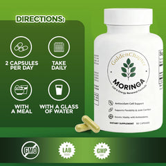 GoldenChapter Pure Moringa Capsules capsules closeup highlights iron and vitamin-rich nutrition.