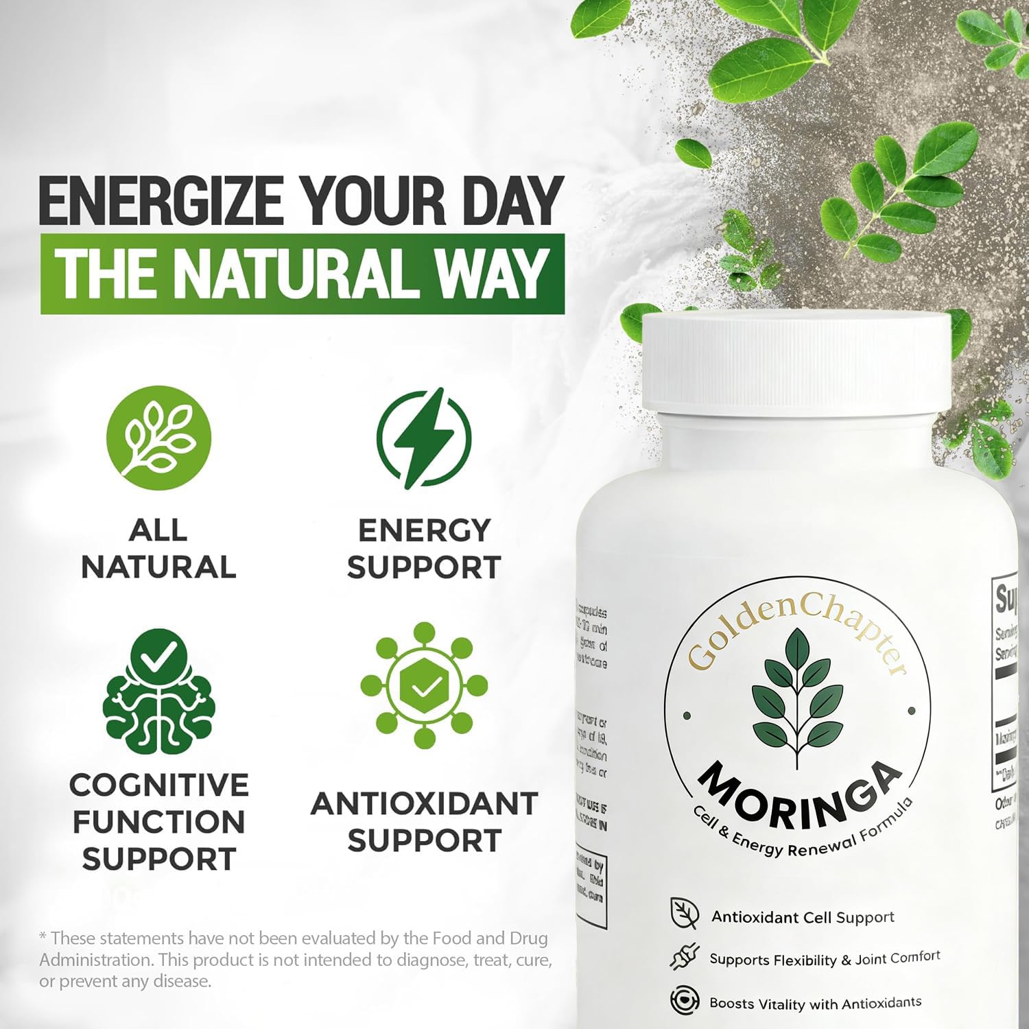 GoldenChapter Pure Moringa Capsules label detail emphasizes non-GMO and vegetarian formula.