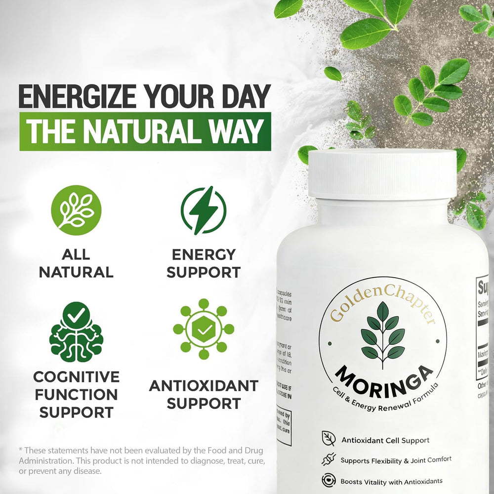 GoldenChapter Pure Moringa Capsules label detail emphasizes non-GMO and vegetarian formula.