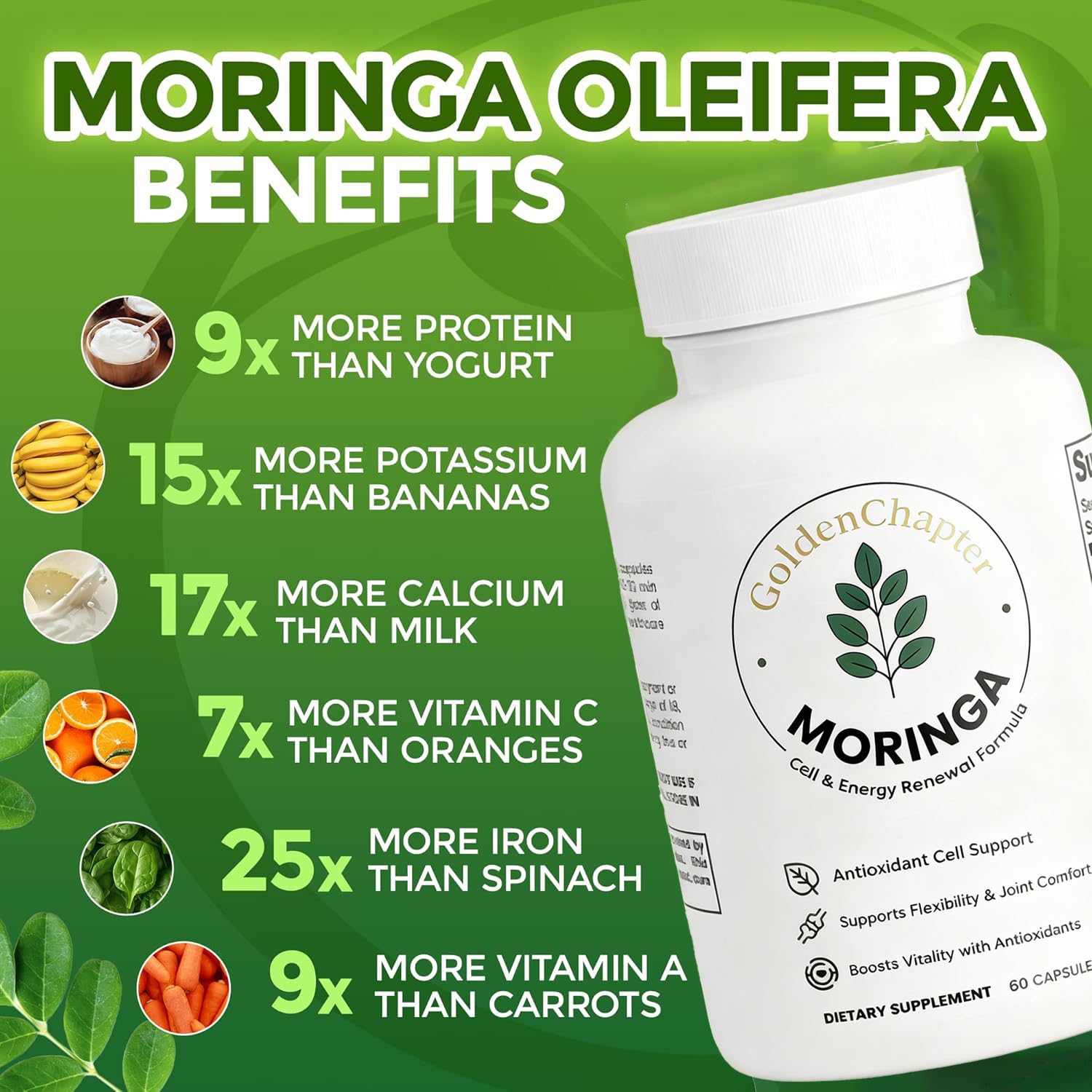 GoldenChapter Pure Moringa Capsules packaging on display signals premium natural ingredients.