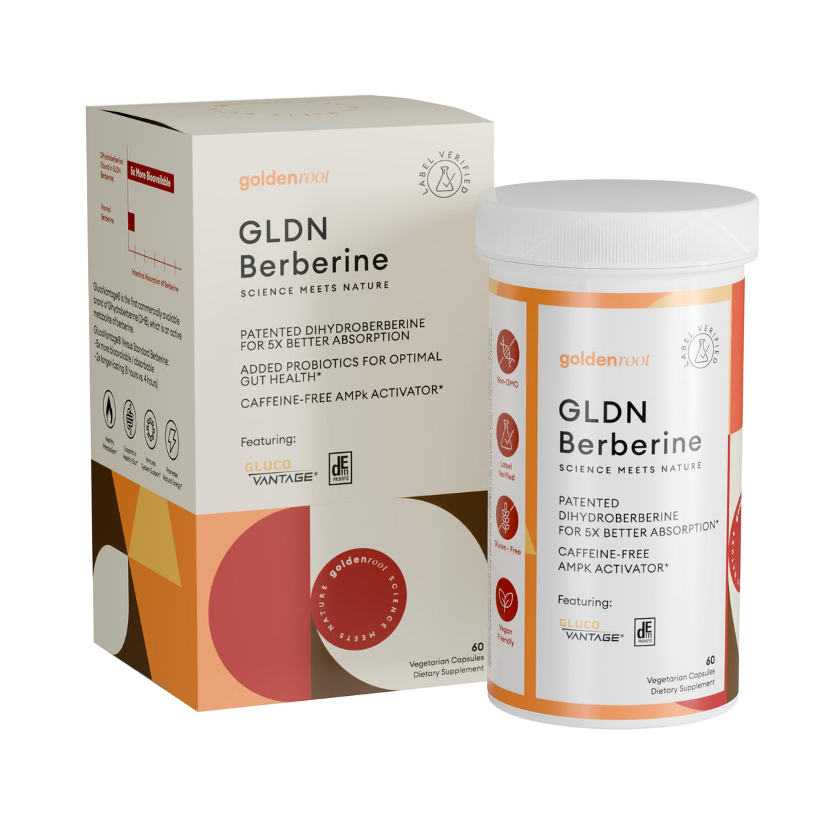 GoldenRoot GLDN Berberine bottle front showing premium digestive support for daily wellness.