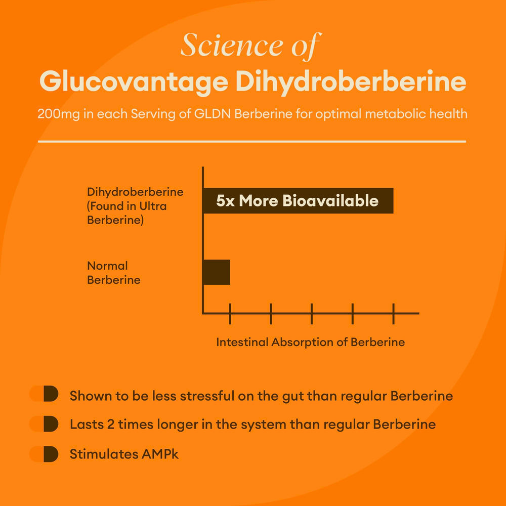 GoldenRoot GLDN Berberine capsules closeup emphasizing dihydroberberine for absorption.