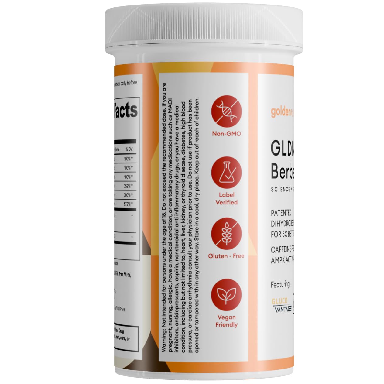 GoldenRoot GLDN Berberine vegan friendly seal indicating plant‑based capsules.