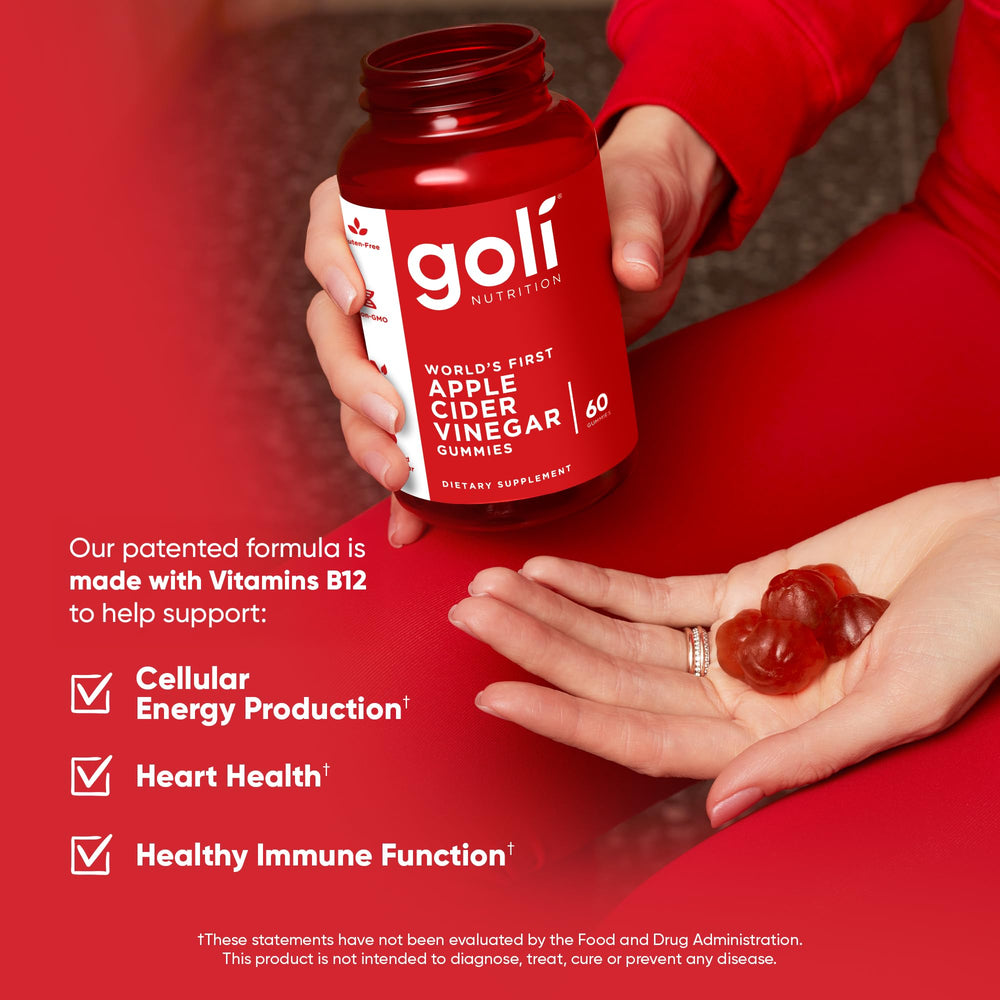 Goli ACV Gummies bottle label closeup highlighting B12 for energy support.