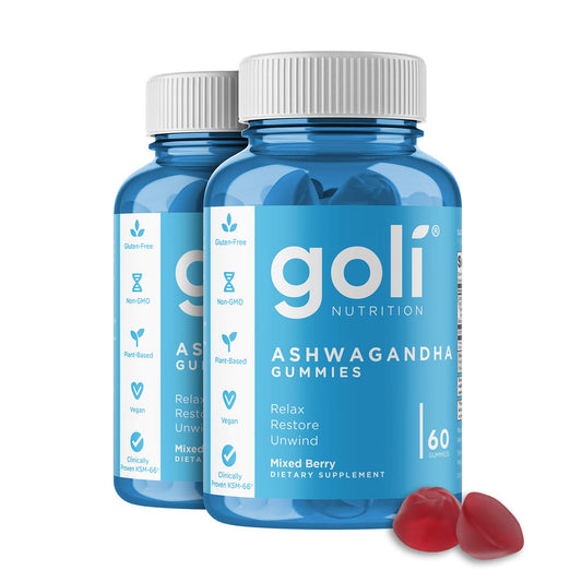 Goli Ashwagandha Gummies with KSM-66 bottle for daily wellness.