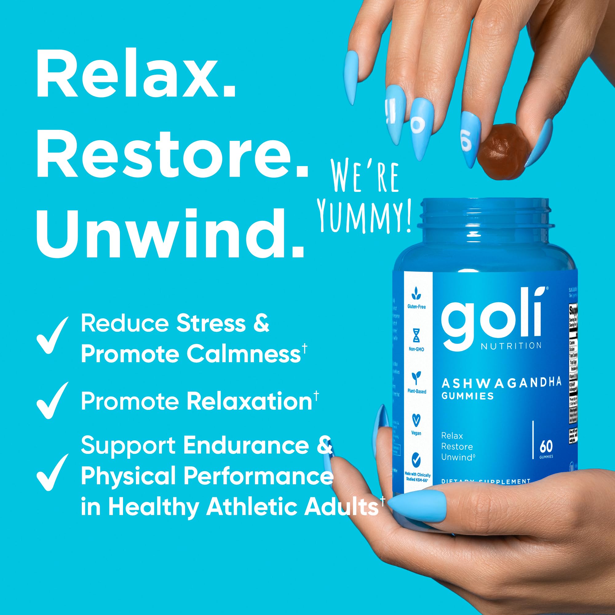 Goli Ashwagandha Gummies label highlighting KSM-66 and vegan ingredients