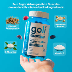Goli bottle emphasizes KSM-66 Ashwagandha and Vitamin D on the label.