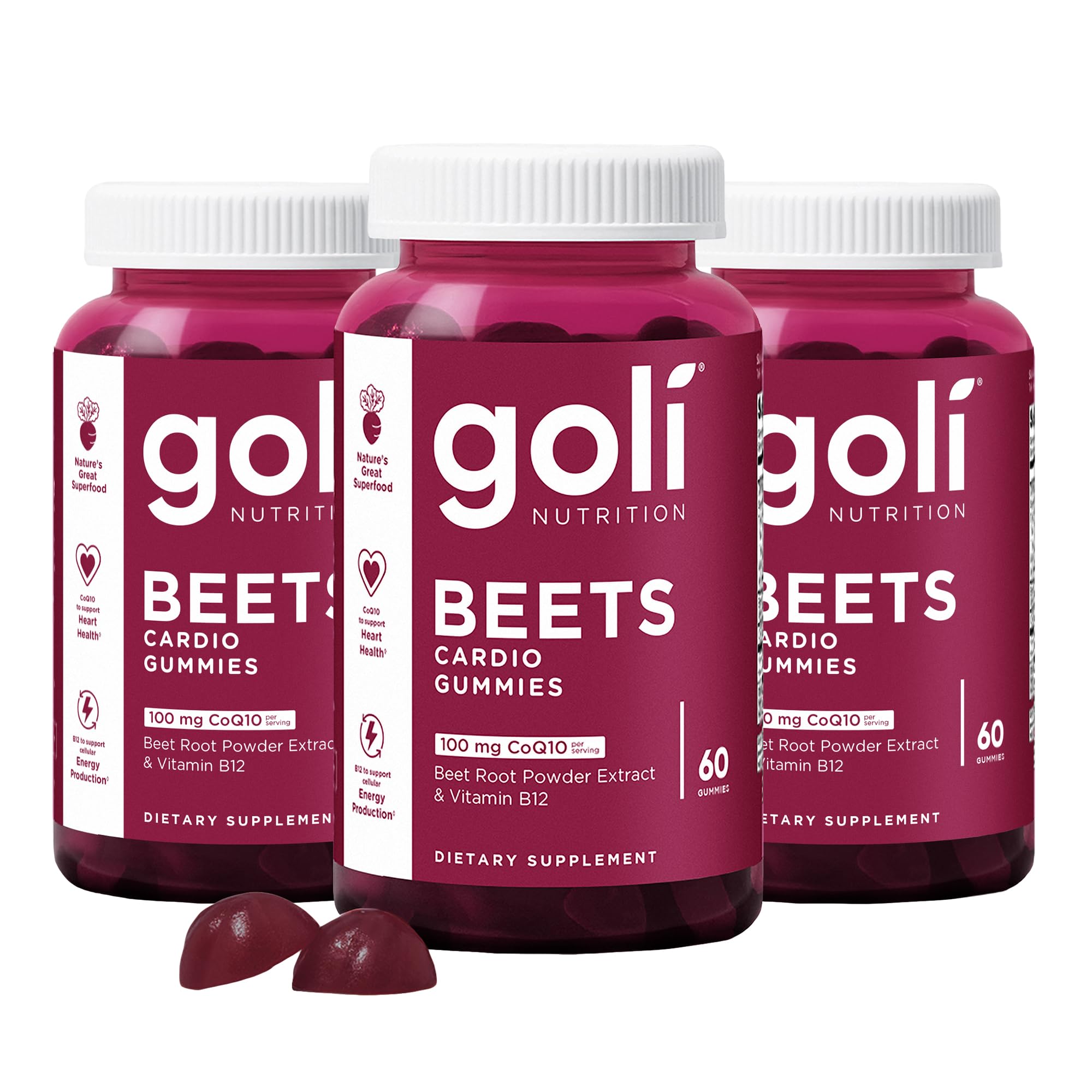 Goli Beets Cardio Gummies bottle featuring CoQ10 for daily energy support.