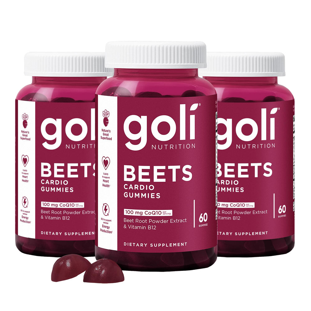 Goli Beets Cardio Gummies bottle featuring CoQ10 for daily energy support.