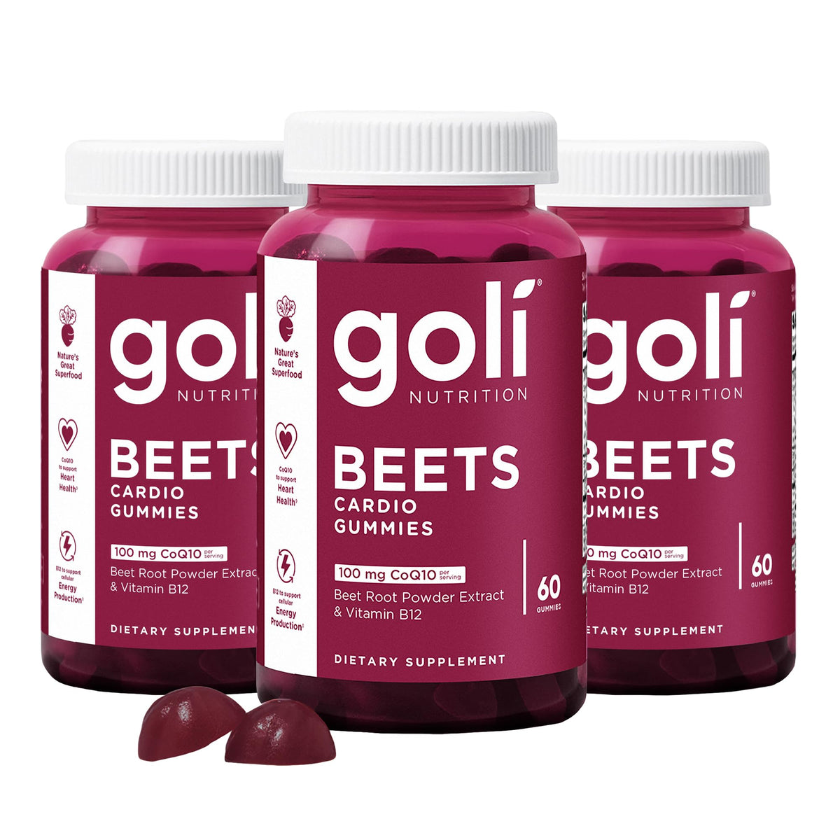 Goli Beets Cardio Gummies bottle featuring CoQ10 for daily energy support.