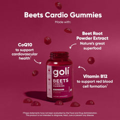 Goli Beets Cardio Gummies bottle with Vitamin B12 for cellular energy and wellness.