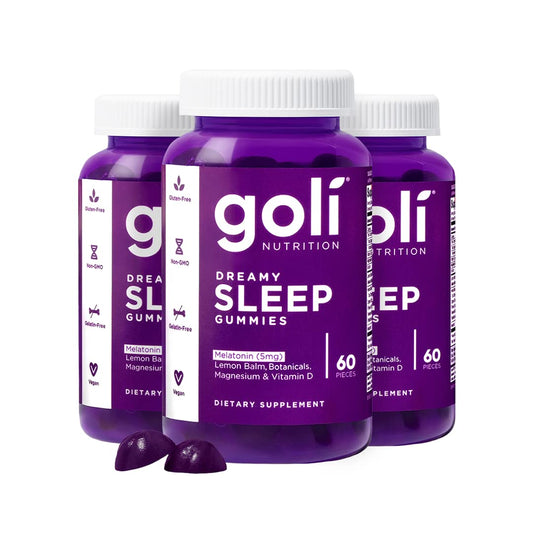 Goli Dreamy Sleep Gummy bottle on a nightstand ready for a calming evening routine