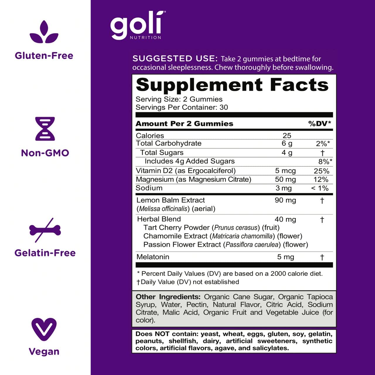 Goli Dreamy Sleep ingredients highlight lemon balm and magnesium.