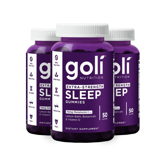 Goli Extra-Strength Sleep Gummies bottle shown for an easy nightly routine.