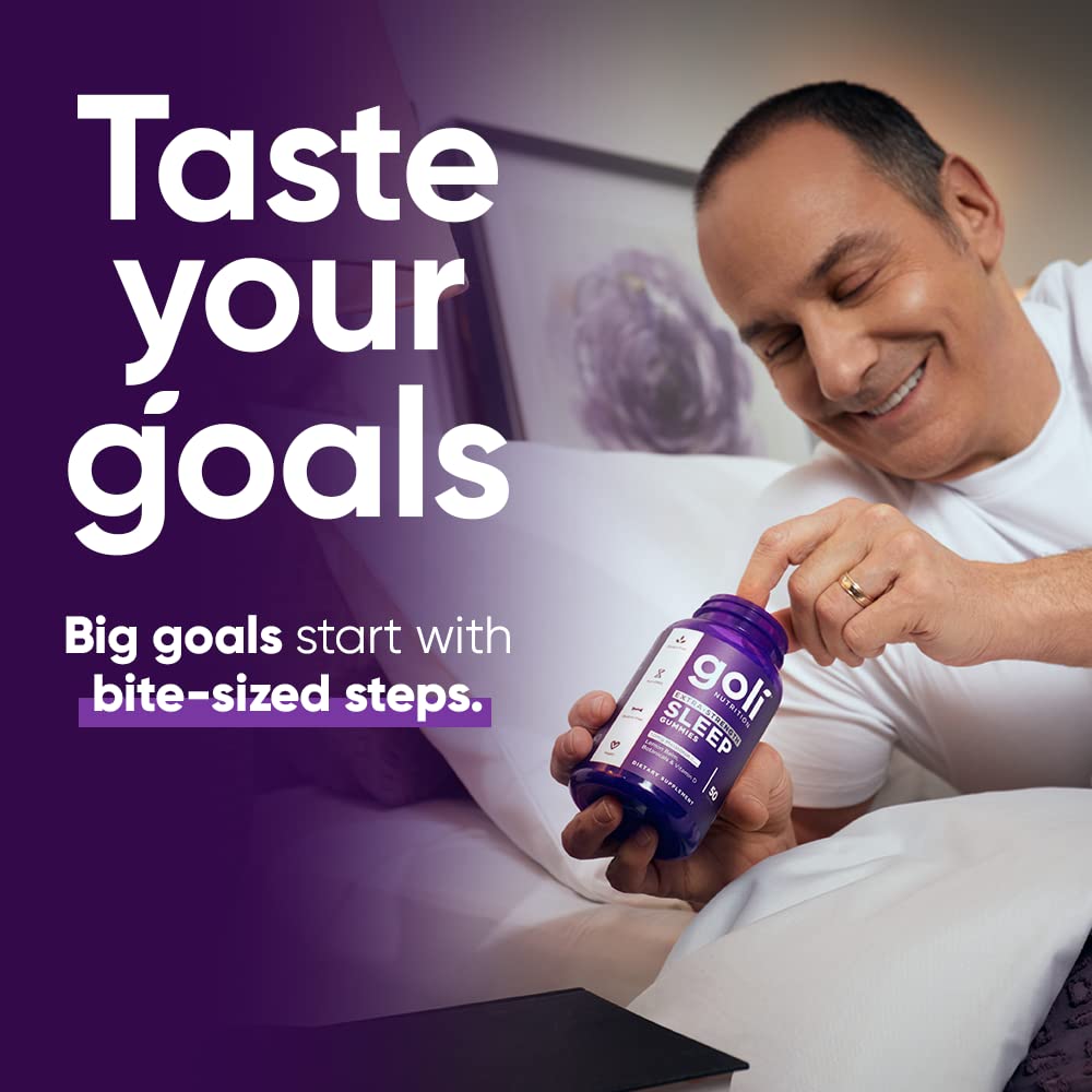 Goli Sleep Gummies on a nightstand illustrating a calm evening routine.