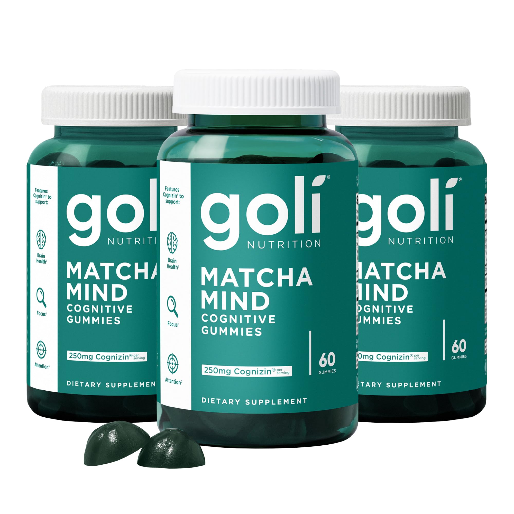 Goli Matcha Mind Gummies bottle front promoting daily focus and attention support
