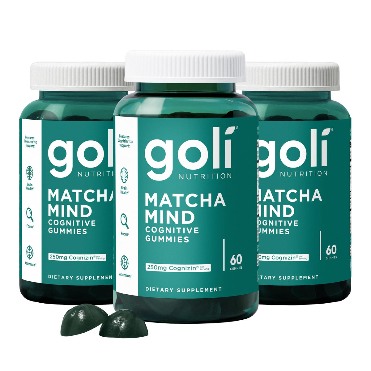 Goli Matcha Mind Gummies bottle front promoting daily focus and attention support