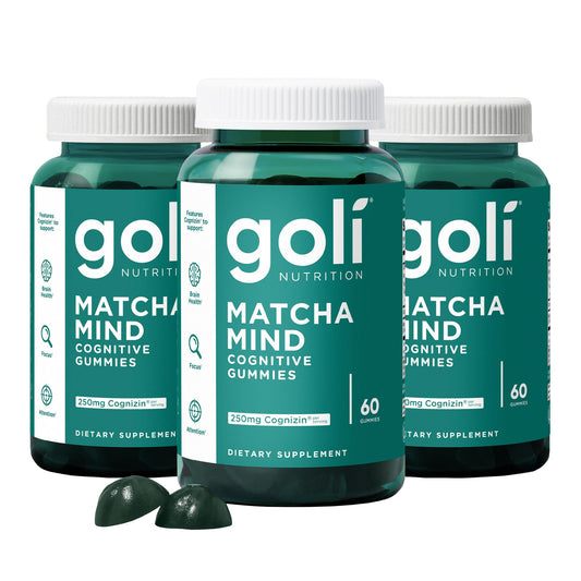 Goli Matcha Mind Gummies bottle front promoting daily focus and attention support