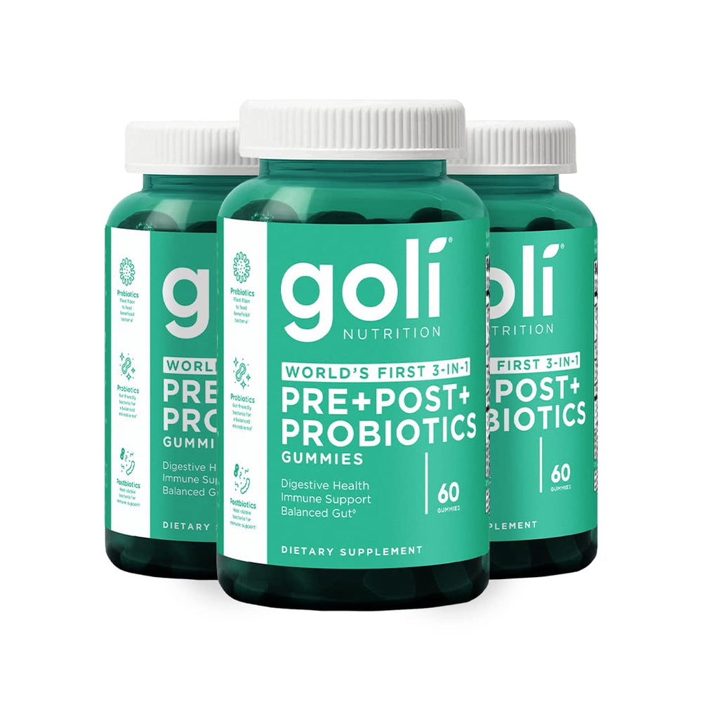 Goli Pre+Post+Probiotics Gummies bottle front, vegan and gluten-free wellness support for digestive balance.
