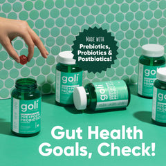 Goli Pre+Post+Probiotics Gummies label highlights vegan, non-GMO, gluten-free status.