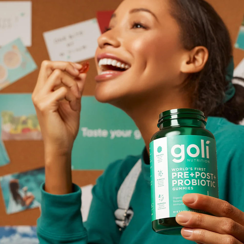 Vegan and non-GMO badges appear on Goli gummies packaging.
