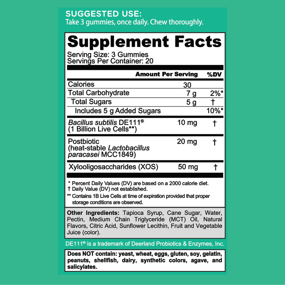 Ingredient icons show prebiotics, probiotics, and postbiotics working together.